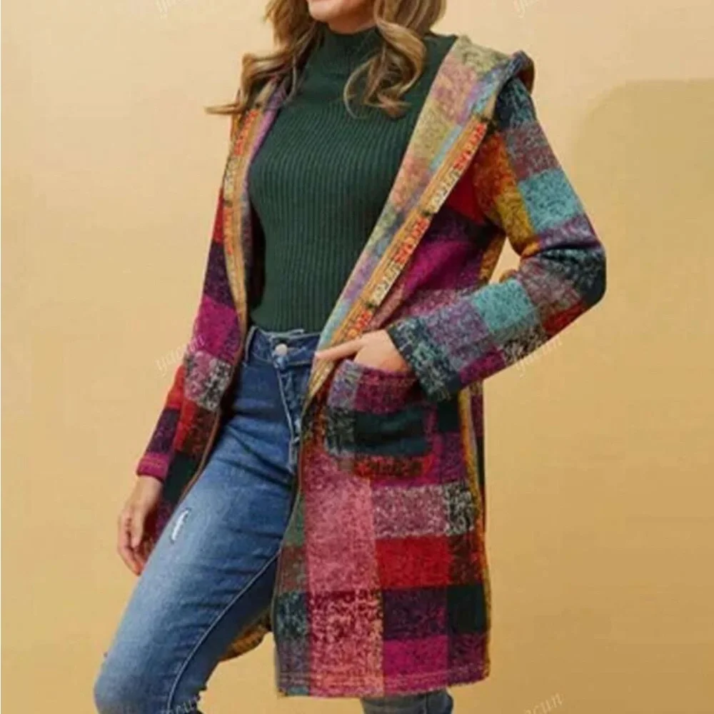 Luxe Plaid Checkered Long Sleeve Pocket Knit Hoodie Sweater Light Coat Brushed - Picture 4 of 8
